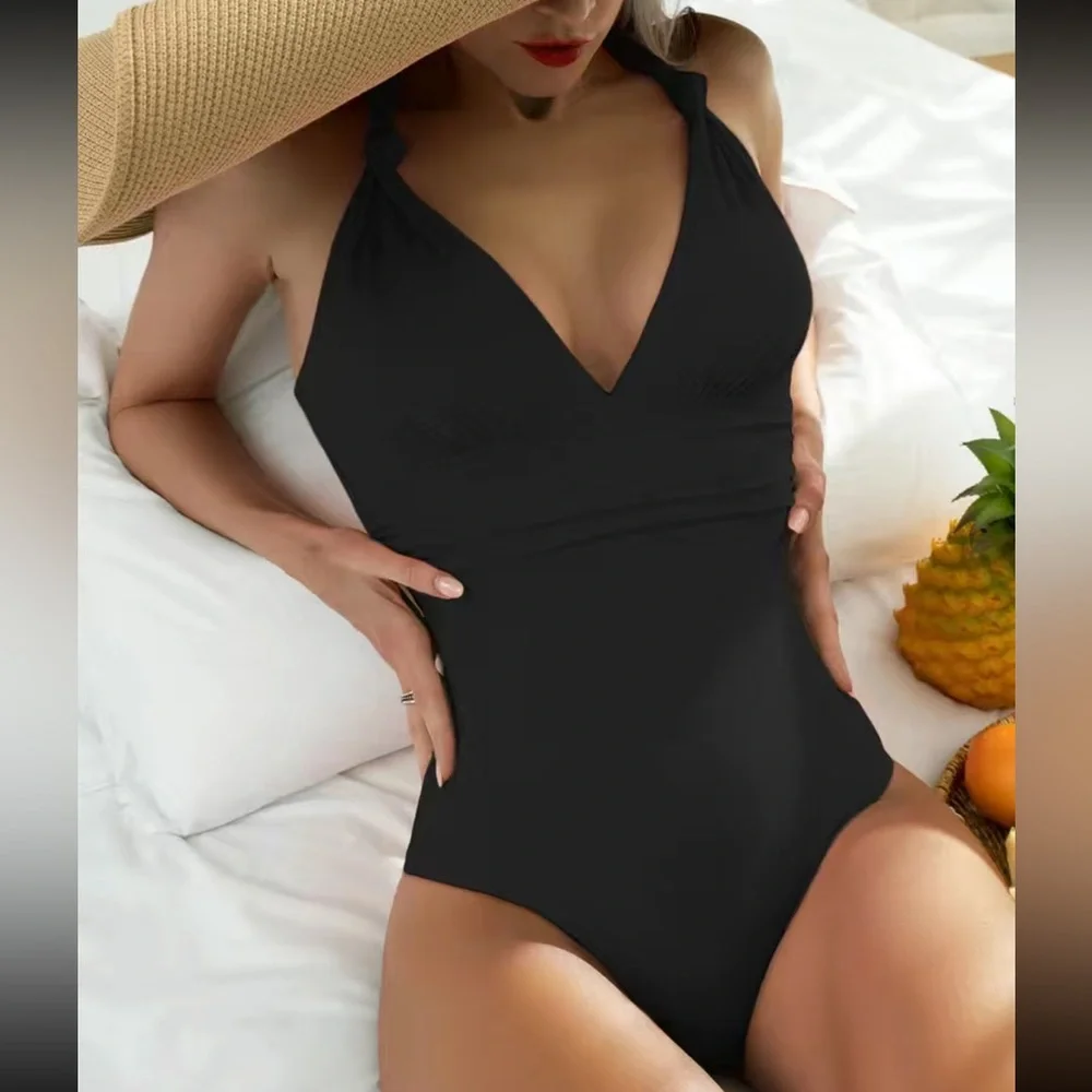 Boho black knotted V neck swimsuit
